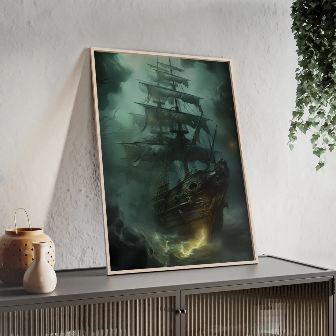 Ghostly Pirate Ship Sailing: Mysterious Sea Vessel Reimagined - Framed Poster