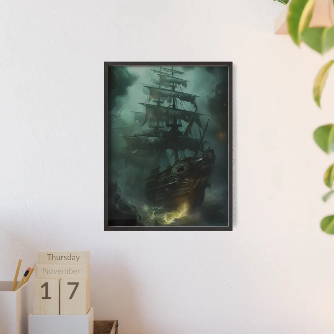Ghostly Pirate Ship Sailing: Mysterious Sea Vessel Reimagined - Framed Poster