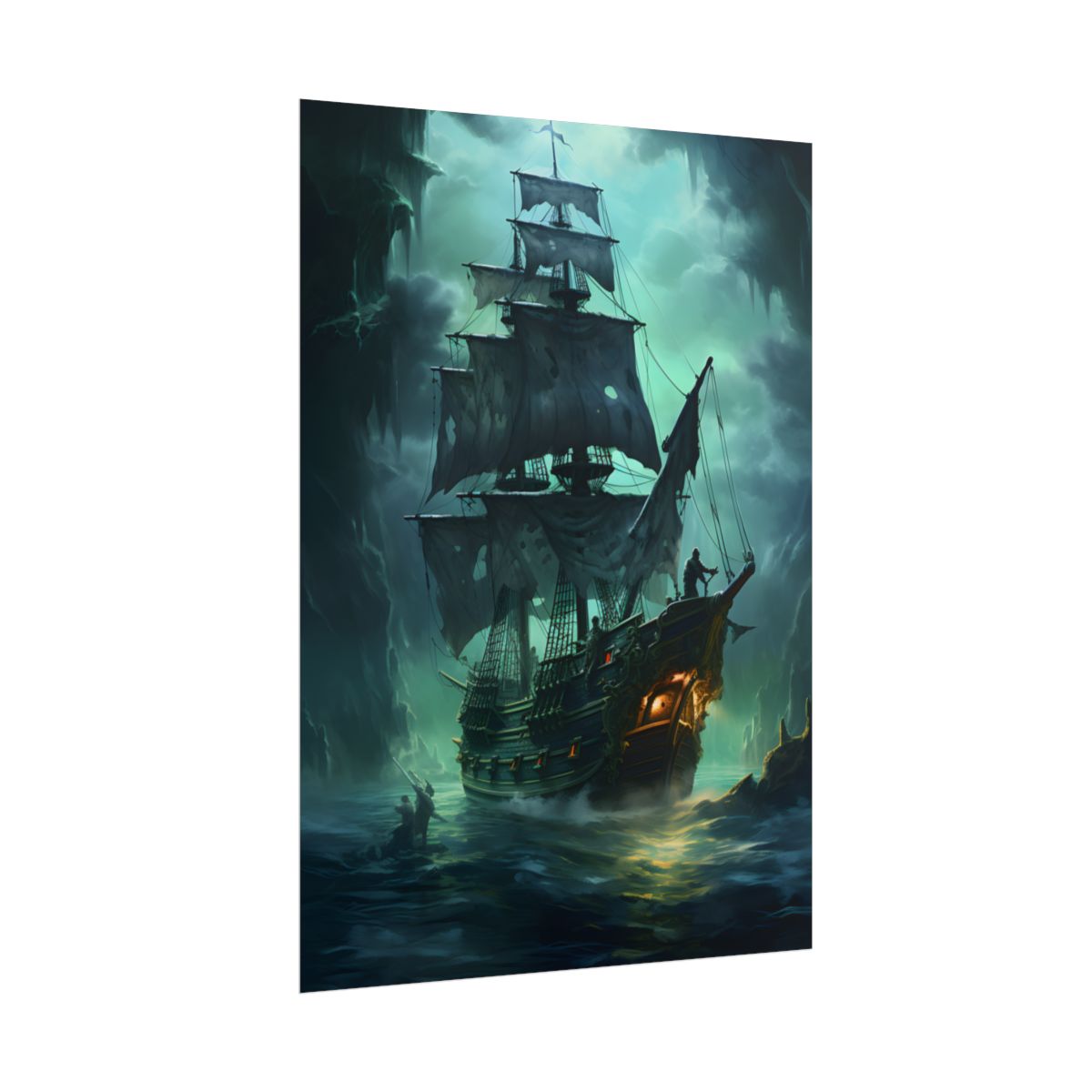 Ghostly Pirate Ship Sailing on Ocean: Eerie Artwork - Poster