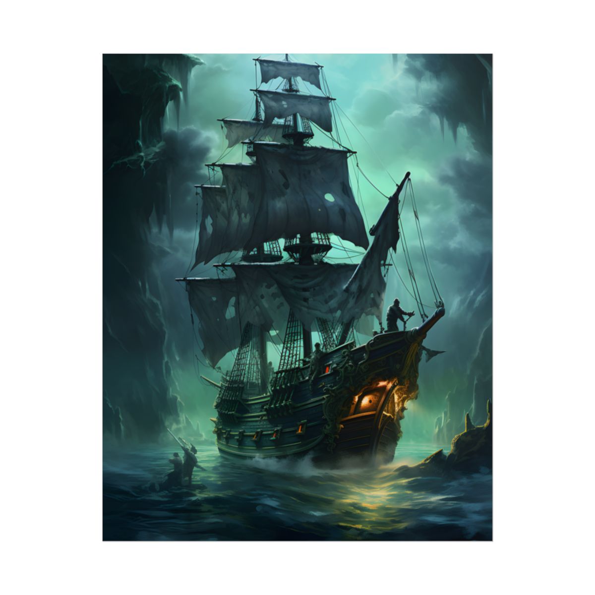 Ghostly Pirate Ship Sailing on Ocean: Eerie Artwork - Poster