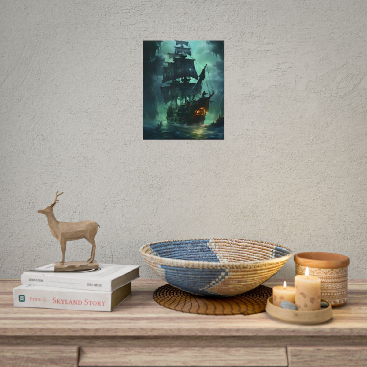 Ghostly Pirate Ship Sailing on Ocean: Eerie Artwork - Poster