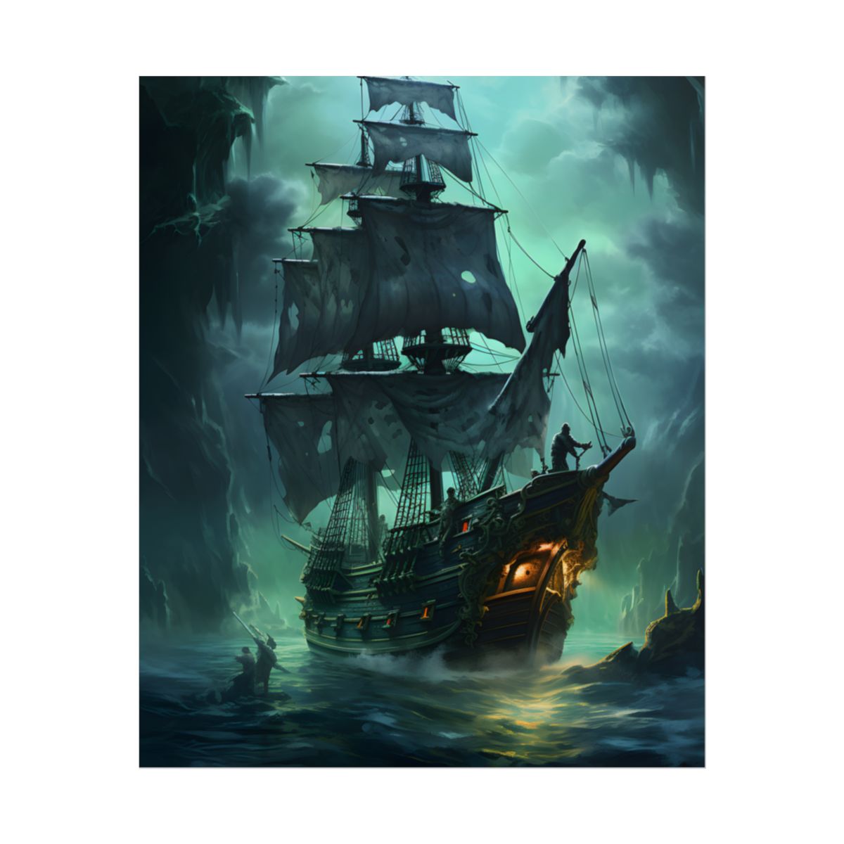 Ghostly Pirate Ship Sailing on Ocean: Eerie Artwork - Poster