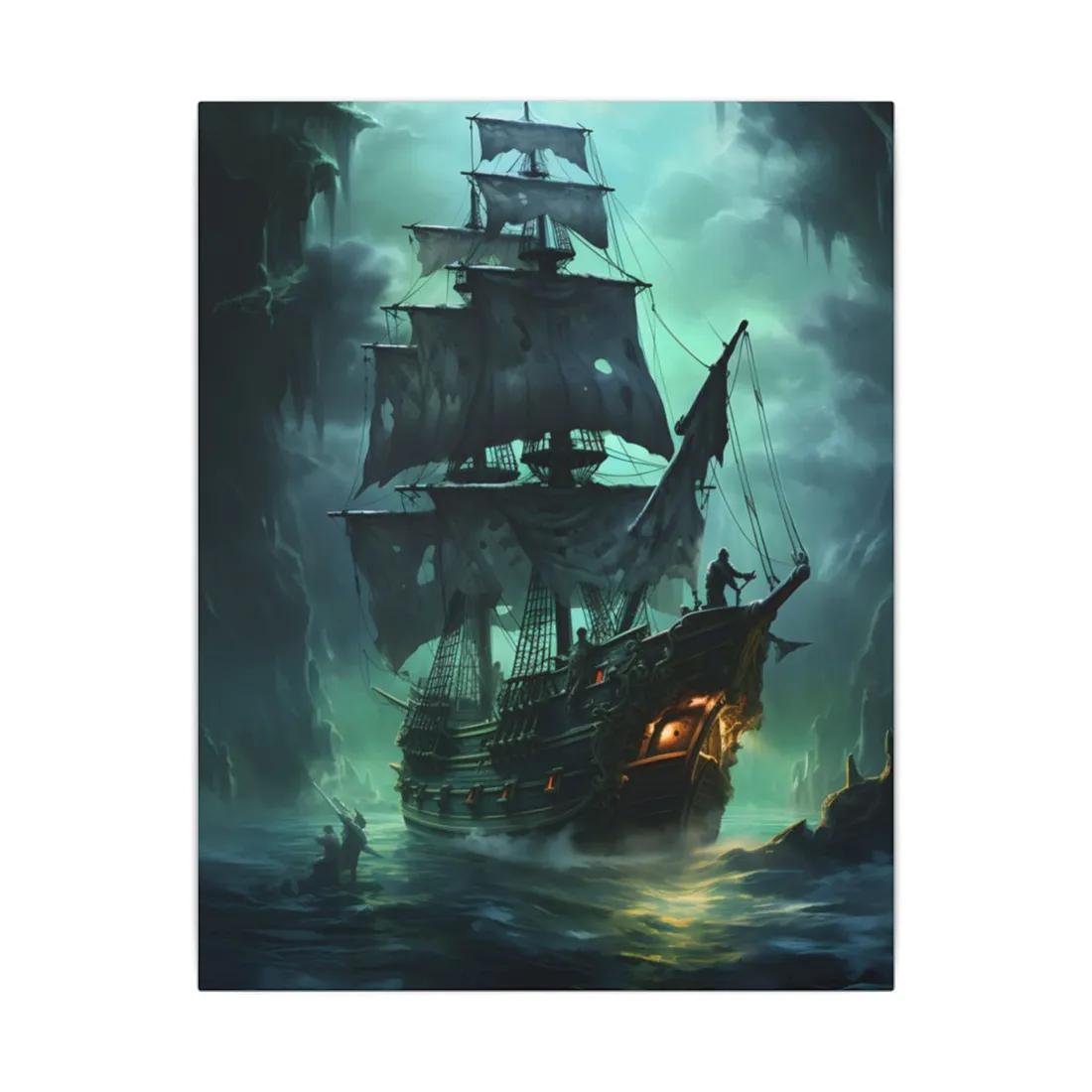 Ghostly Pirate Ship Sailing on Ocean: Eerie - Canvas
