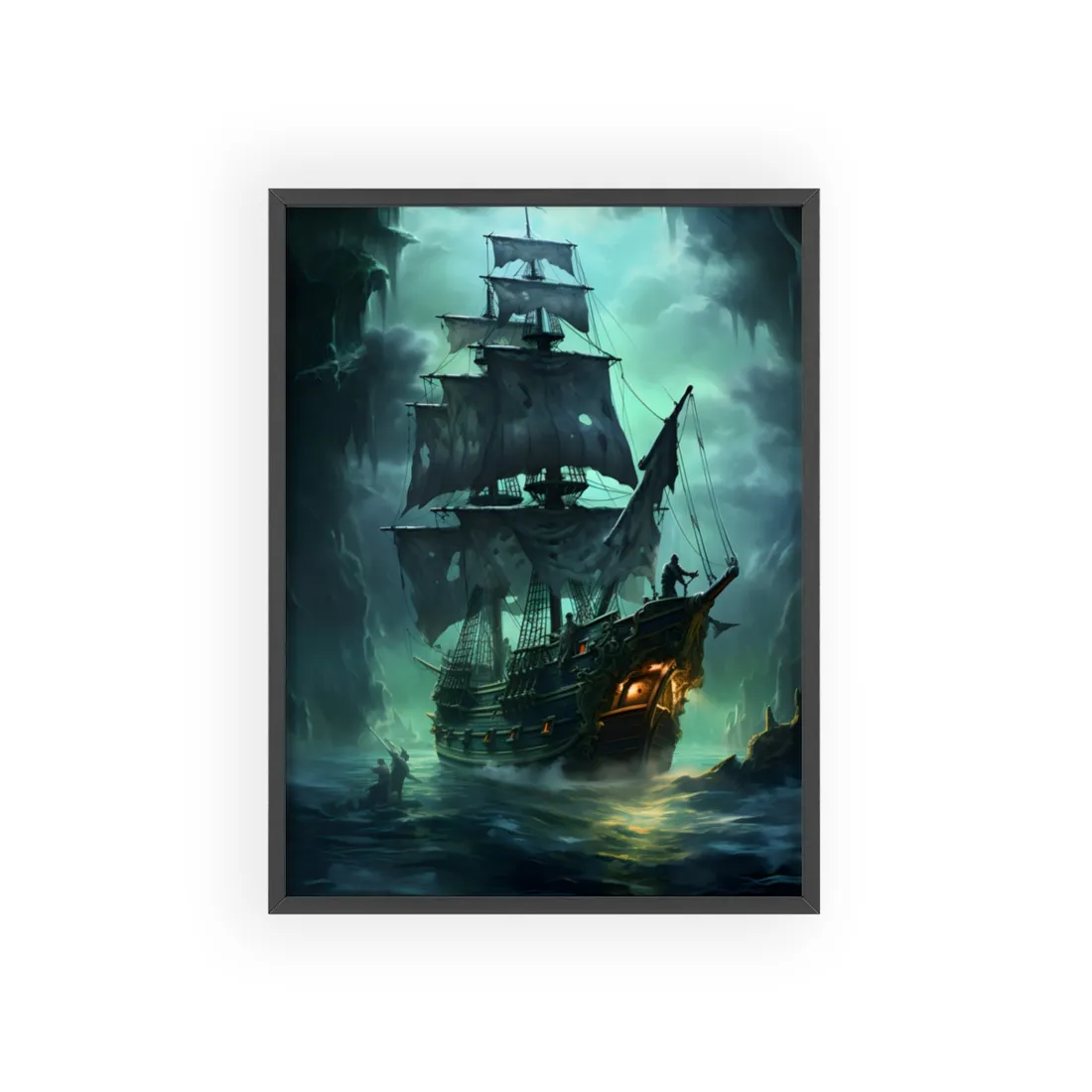 Ghostly Pirate Ship Sailing on Ocean: Eerie - Framed Poster