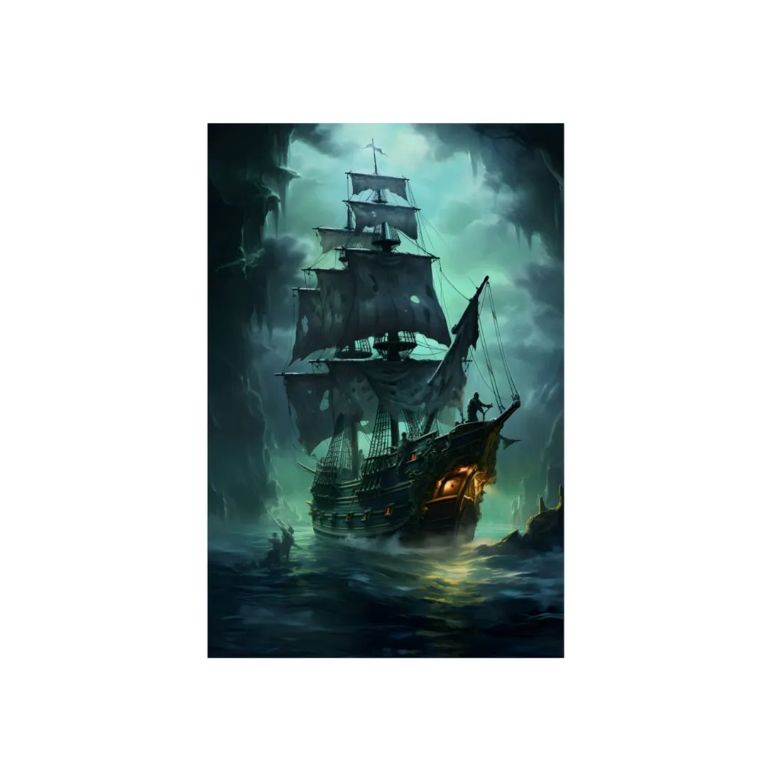 Ghostly Pirate Ship Sailing on Ocean: Eerie - Metal Poster