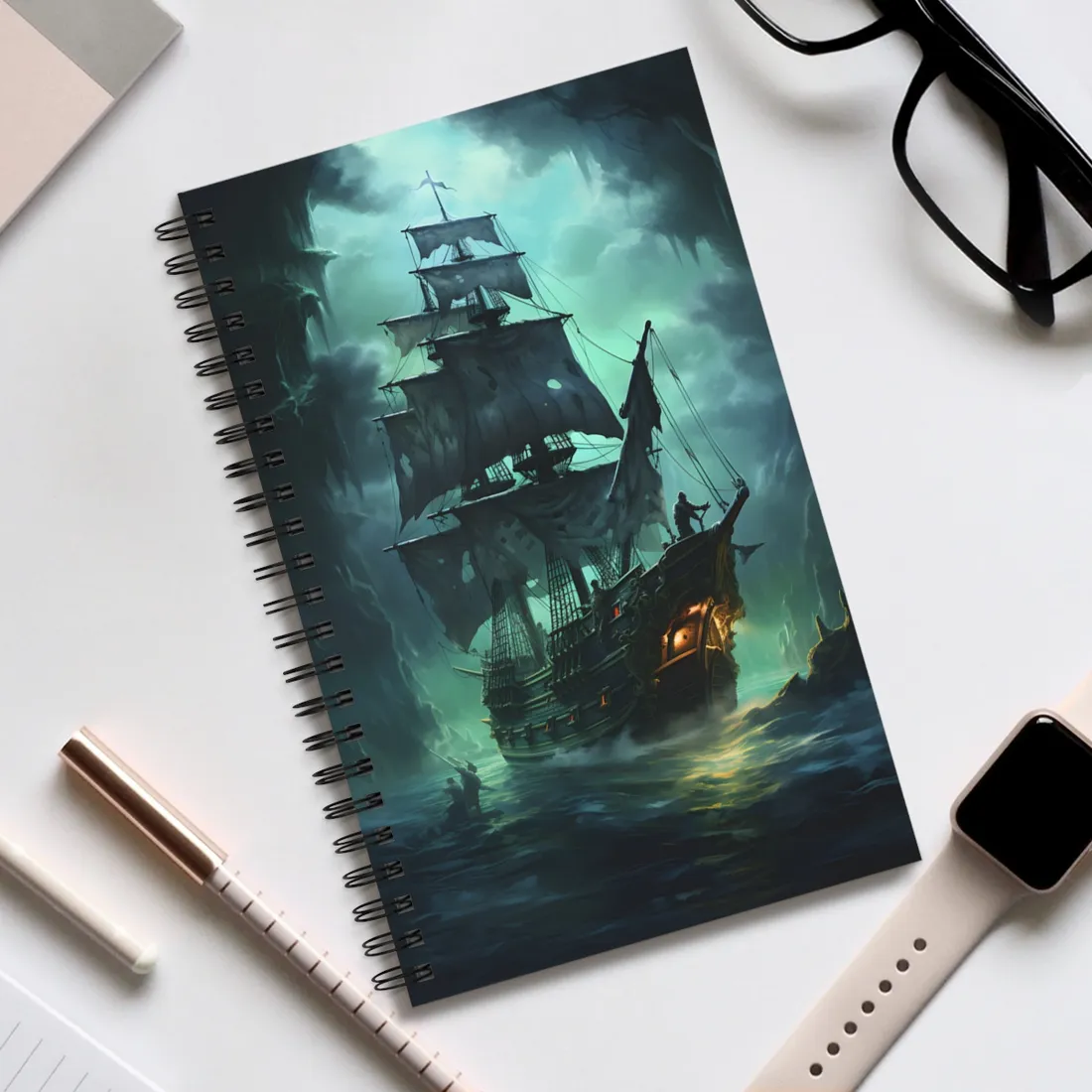 Ghostly Pirate Ship Sailing on Ocean: Eerie - Spiral Notebook