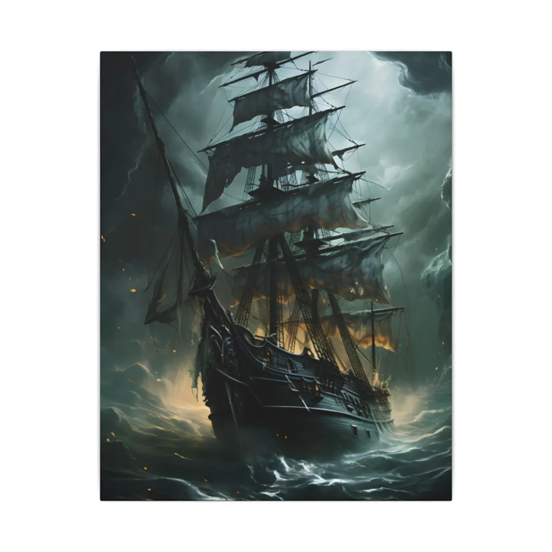 Ghostly Pirate Ship: Sailing Solo in Eerie Blue Skies - Canvas