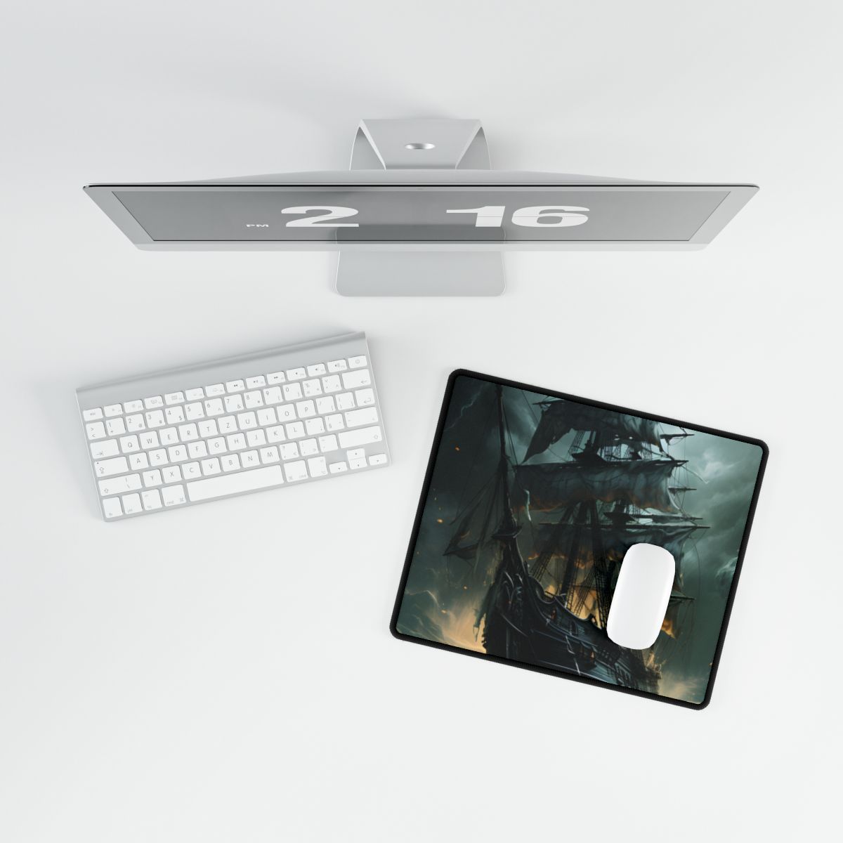 Ghostly Pirate Ship: Sailing Solo in Eerie Blue Skies - Desk Mat