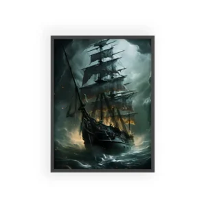 Ghost Ship in Stormy Sea Framed Poster