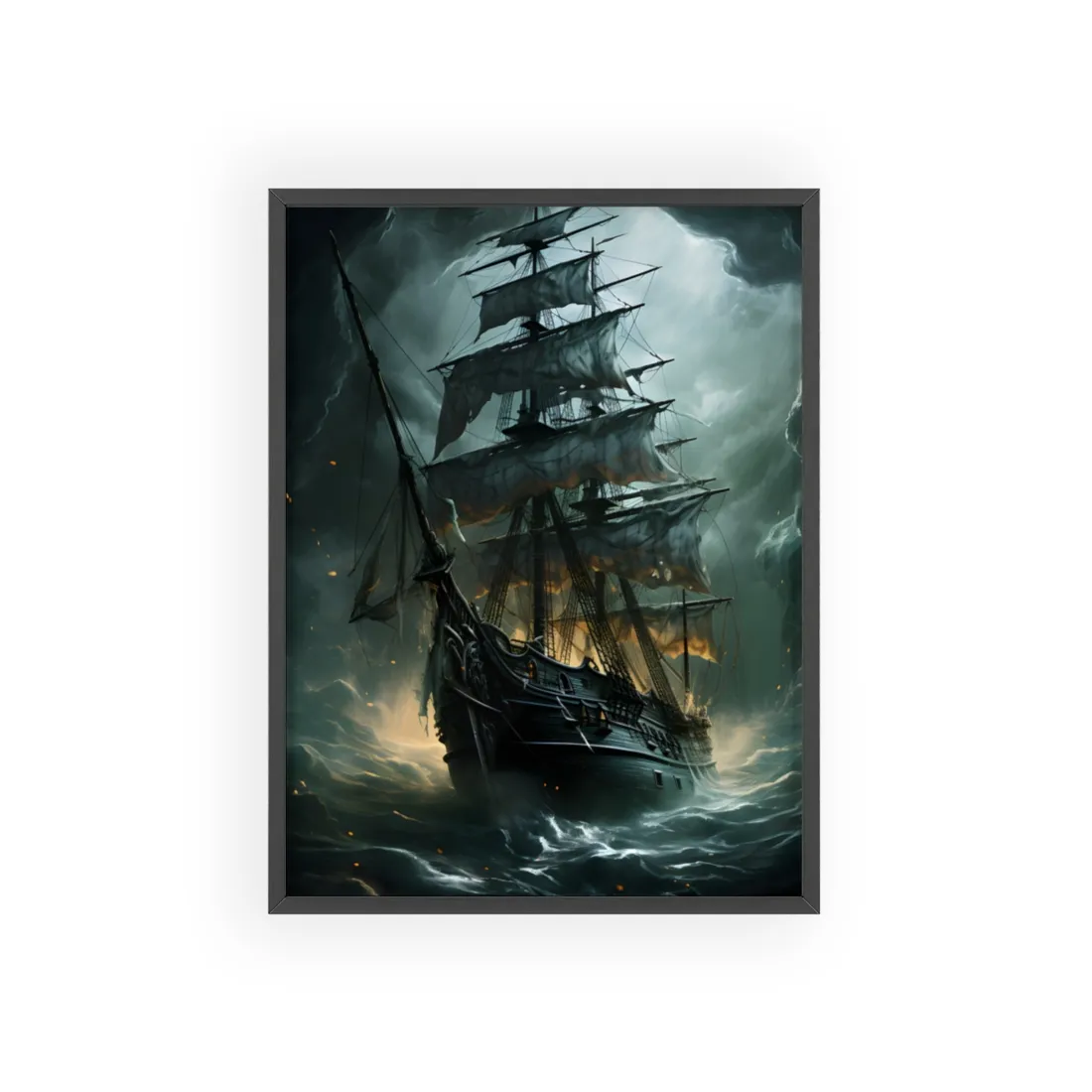Ghostly Pirate Ship: Sailing Solo in Eerie Blue Skies - Framed Poster