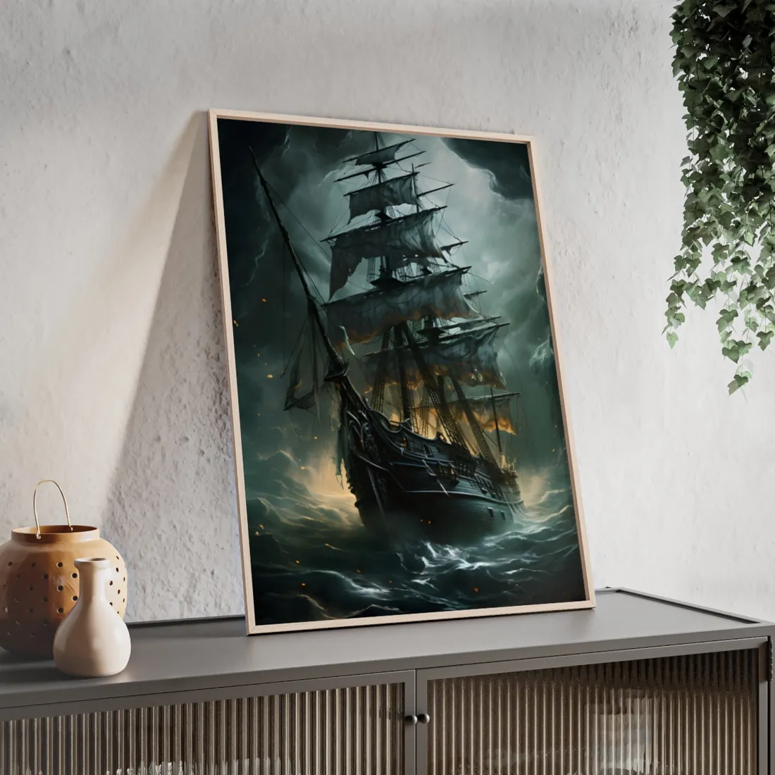 Ghostly Pirate Ship: Sailing Solo in Eerie Blue Skies - Framed Poster