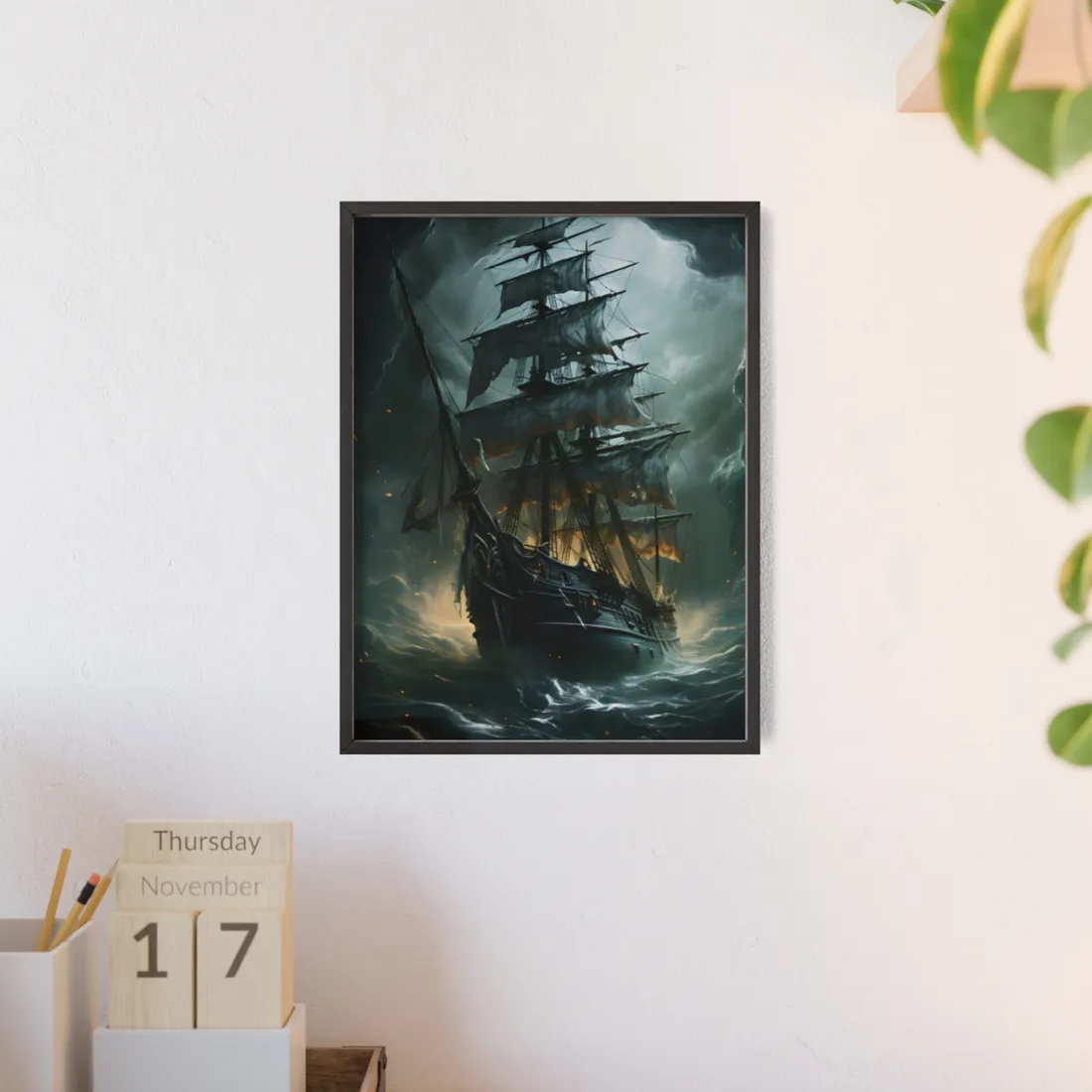 Ghostly Pirate Ship: Sailing Solo in Eerie Blue Skies - Framed Poster