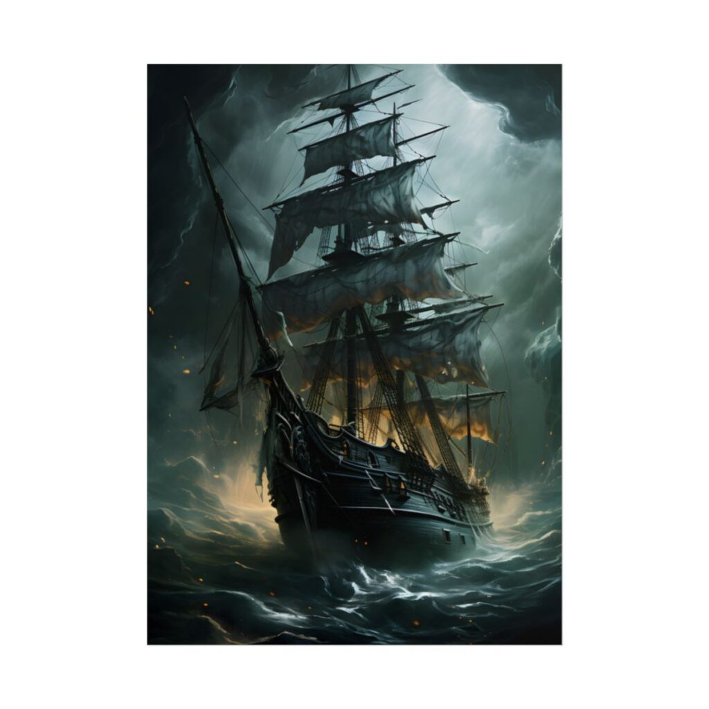 Ghostly Pirate Ship: Sailing Solo in Eerie Blue Skies - Poster