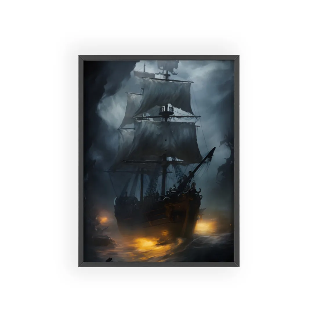 Ghostly Pirate Ship: Sailing Through the Ocean's Edge - Framed Poster