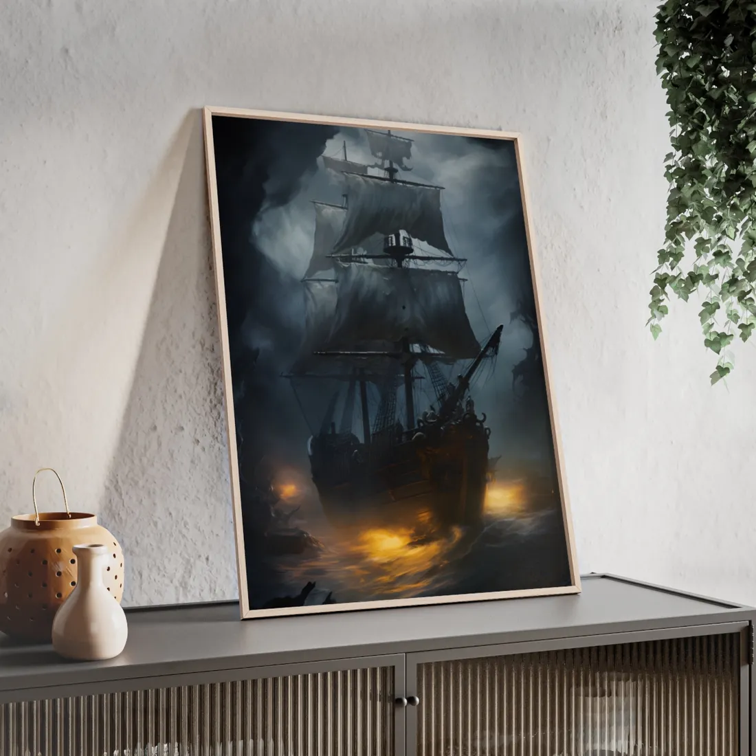 Ghostly Pirate Ship: Sailing Through the Ocean's Edge - Framed Poster
