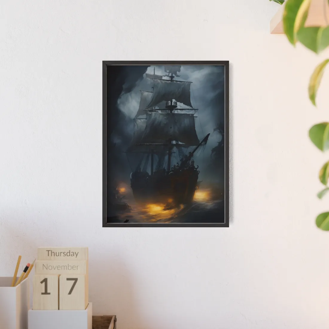 Ghostly Pirate Ship: Sailing Through the Ocean's Edge - Framed Poster