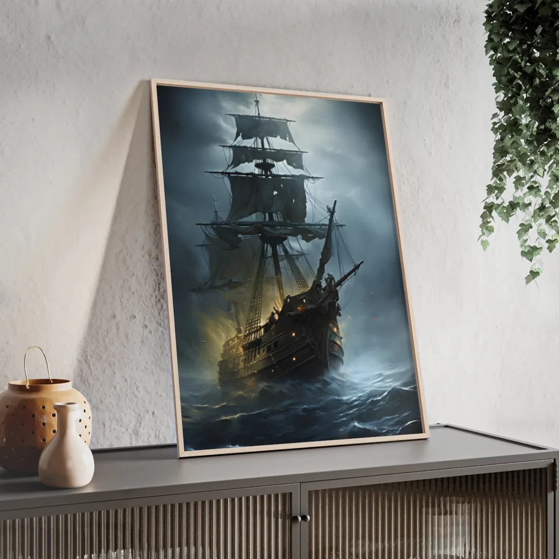 Ghostly Pirate Voyage: Historic Sea Travel Digital Art - Framed Poster