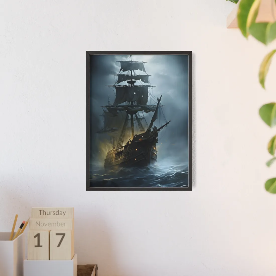 Ghostly Pirate Voyage: Historic Sea Travel Digital Art - Framed Poster