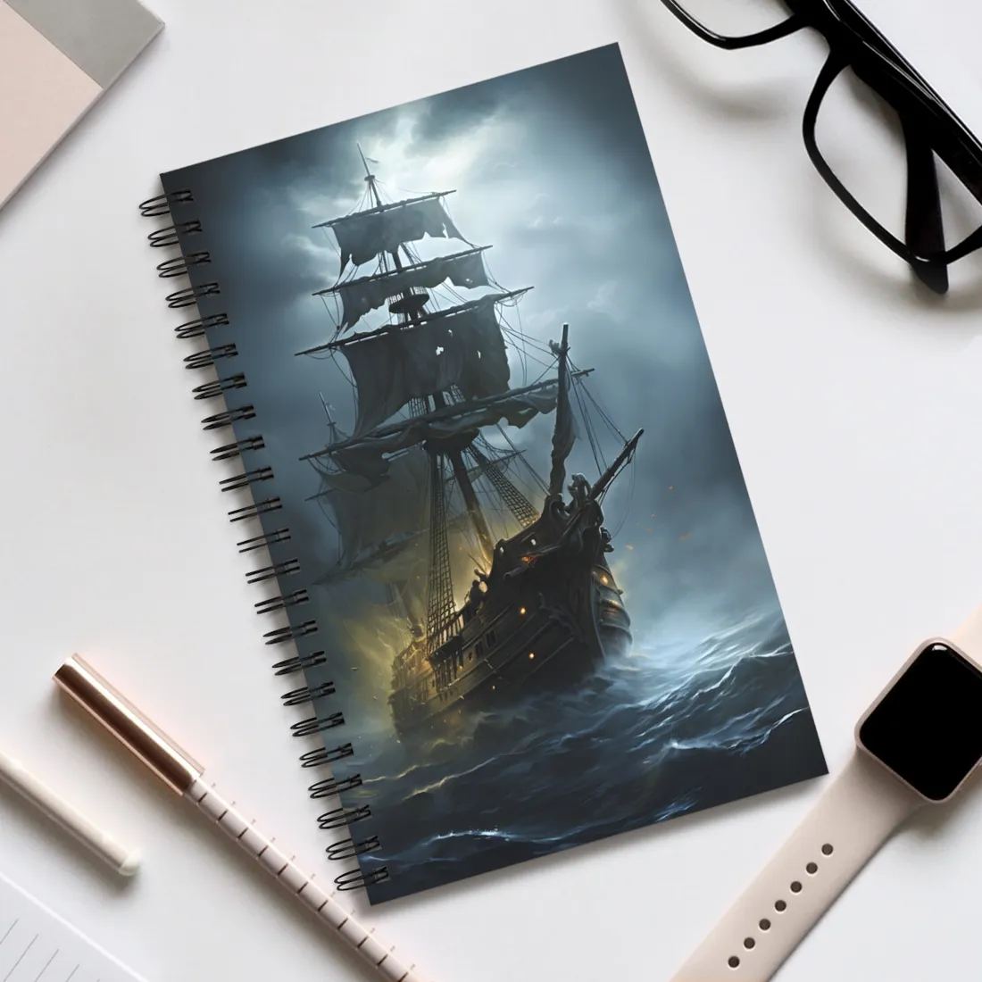 Ghostly Pirate Voyage: Historic Sea Travel Digital Art - Spiral Notebook