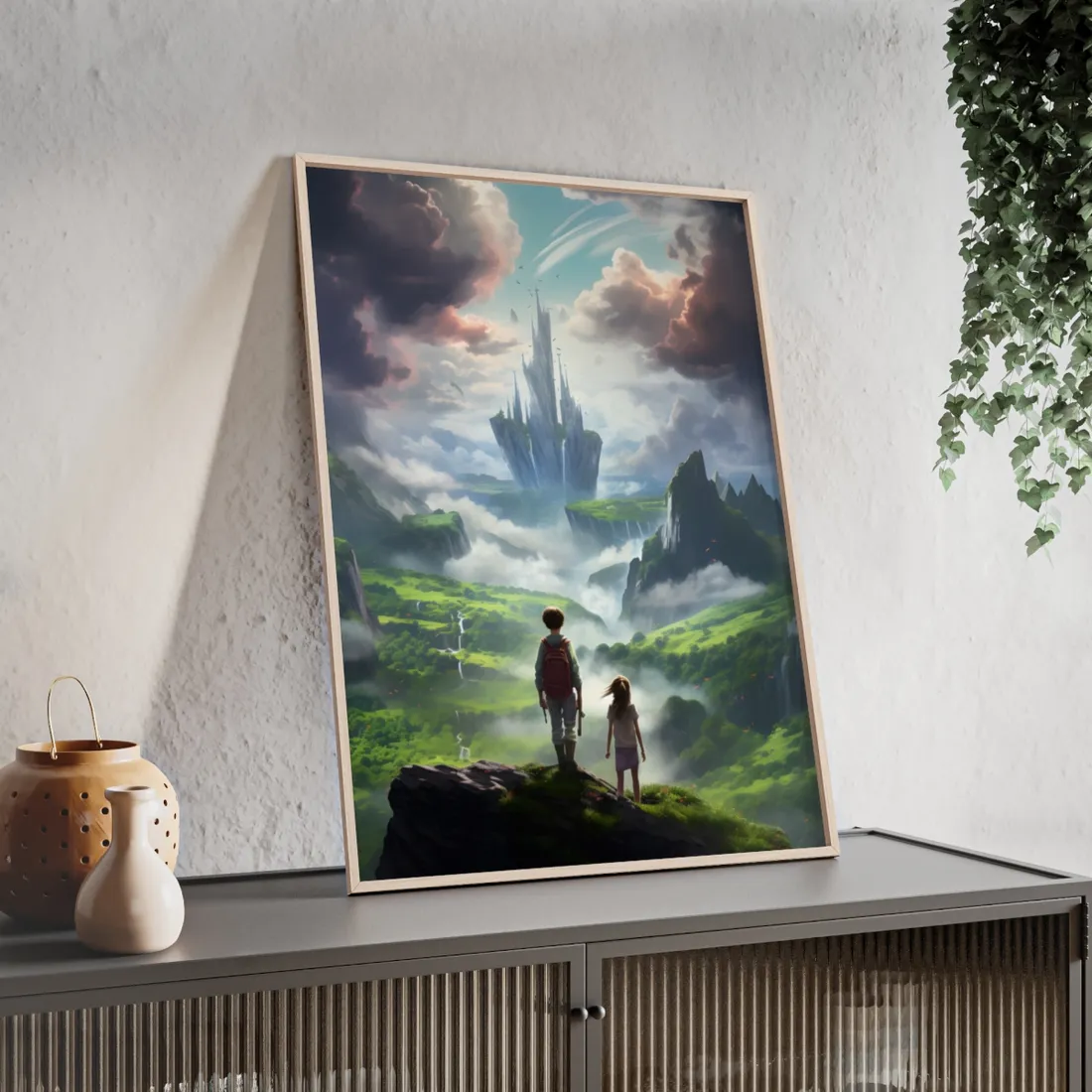 Girl and Boy in a Cloudy Meadow: Serene Outdoor Scene - Framed Poster