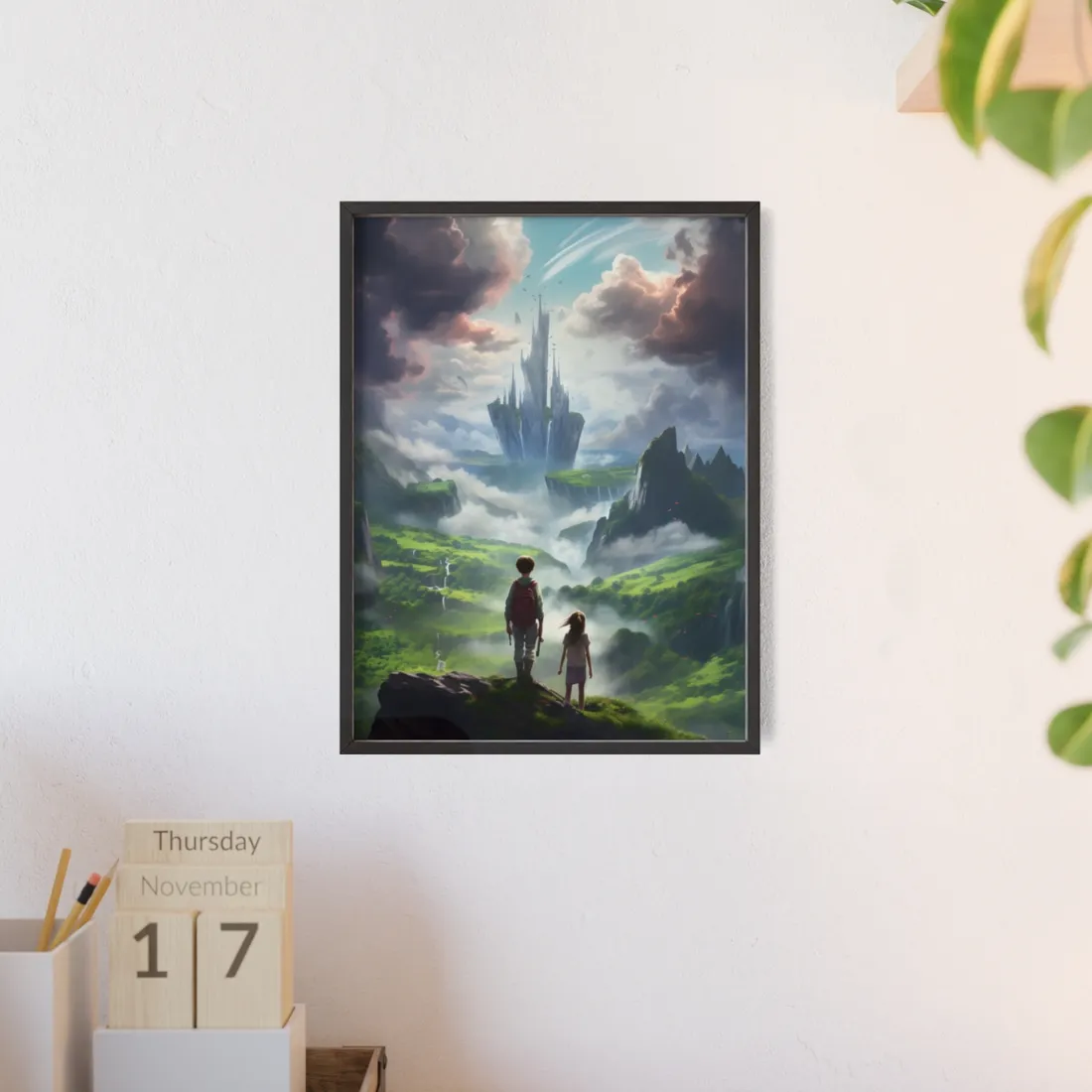 Girl and Boy in a Cloudy Meadow: Serene Outdoor Scene - Framed Poster