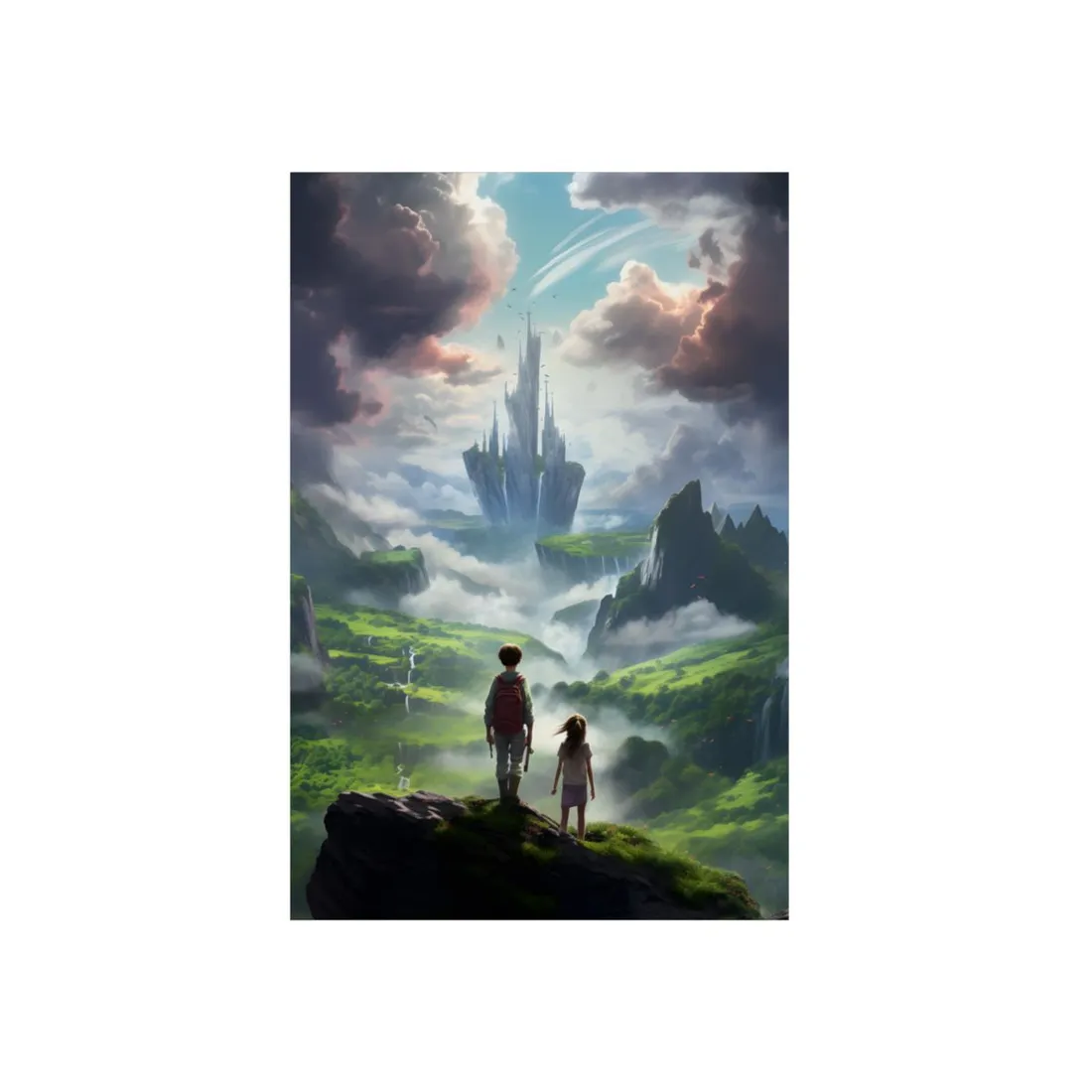 Girl and Boy in a Cloudy Meadow: Serene Outdoor Scene - Metal Poster