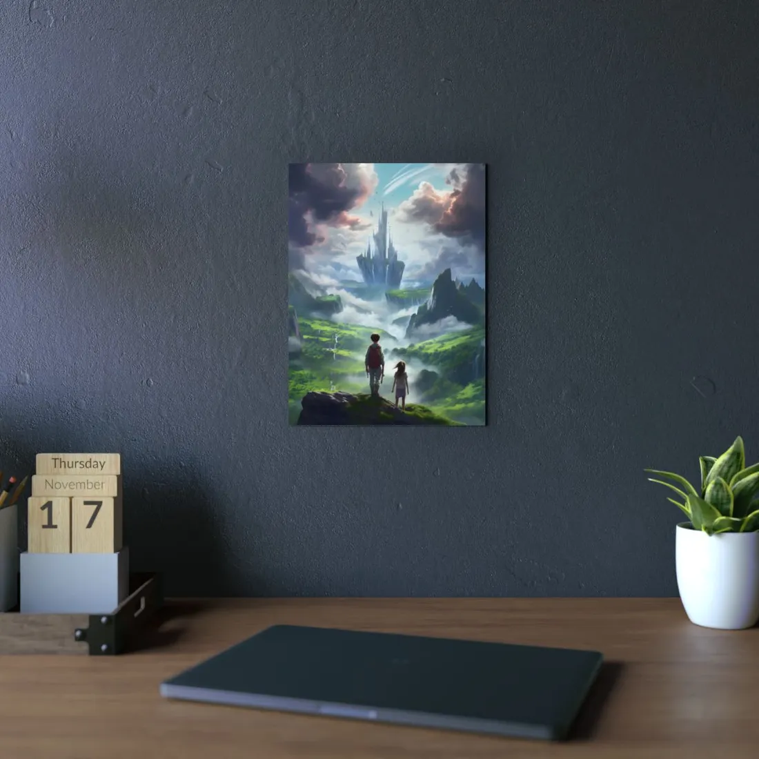 Girl and Boy in a Cloudy Meadow: Serene Outdoor Scene - Metal Poster