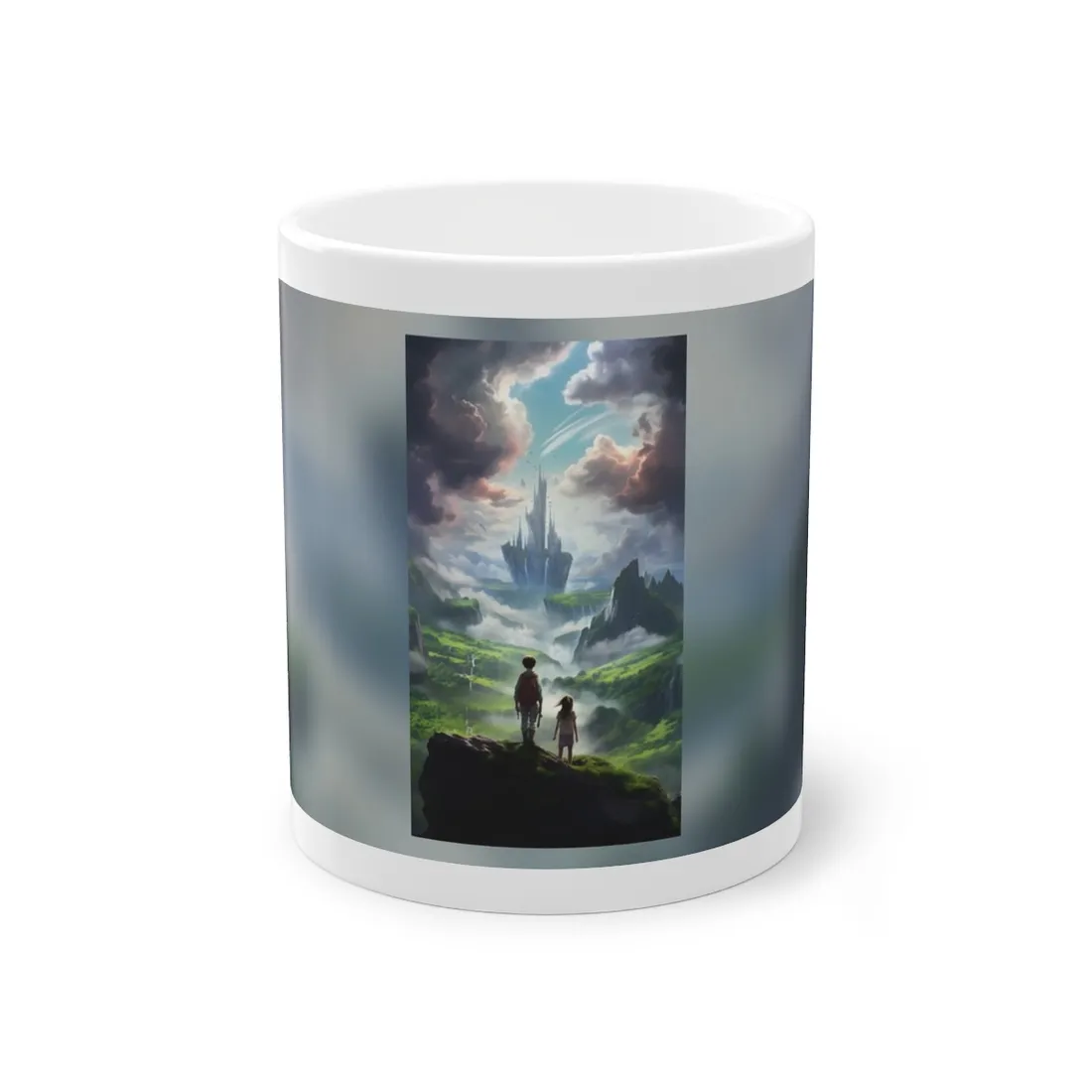 Girl and Boy in a Cloudy Meadow: Serene Outdoor Scene - Mug