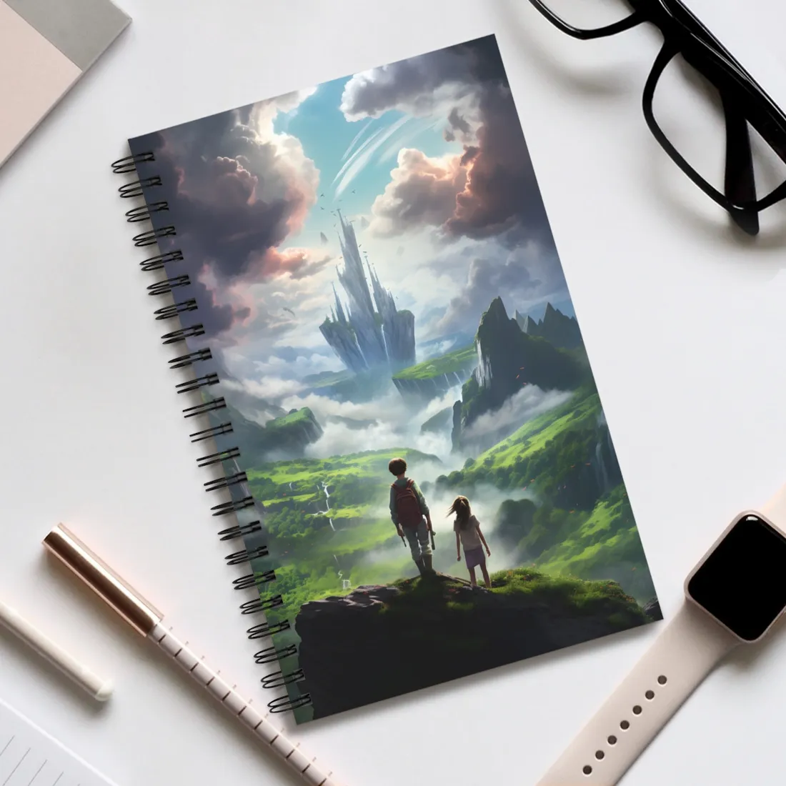Girl and Boy in a Cloudy Meadow: Serene Outdoor Scene - Spiral Notebook