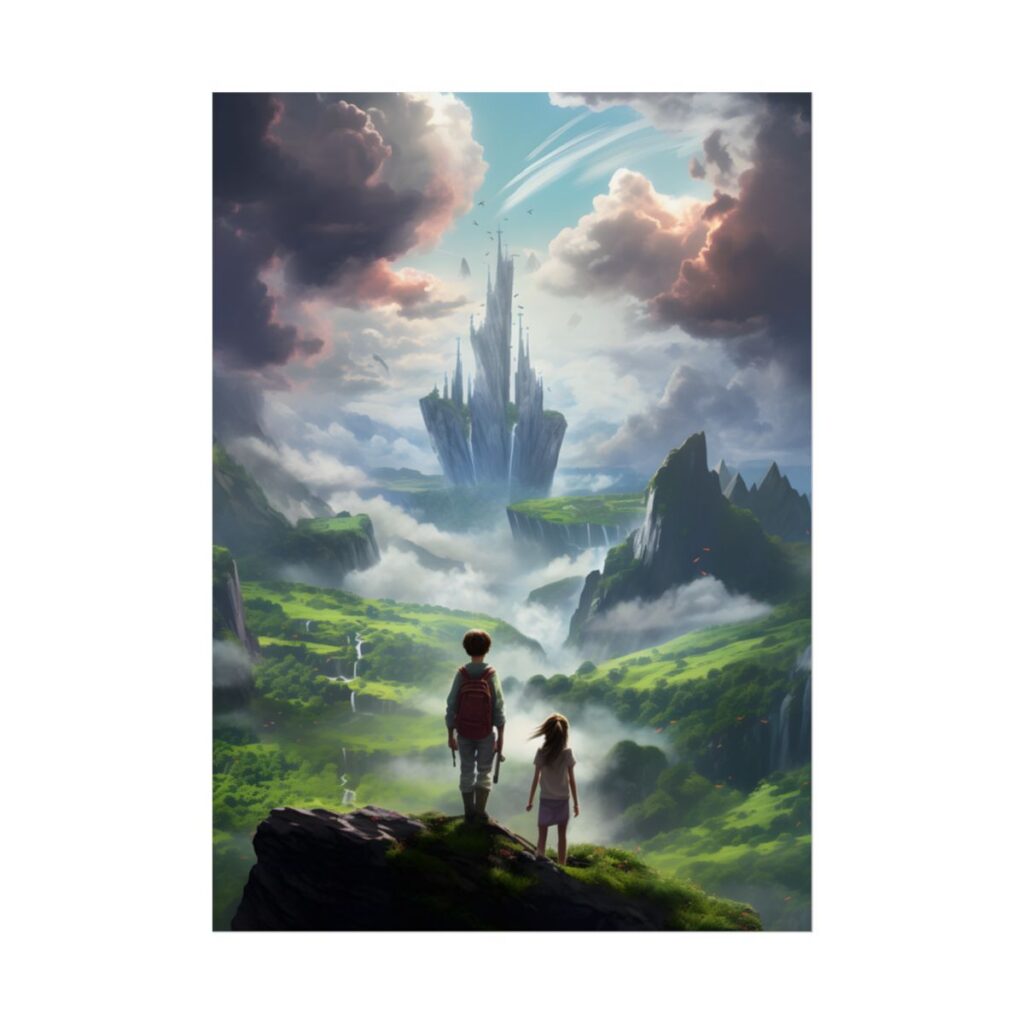 Girl and Boy in a Cloudy Meadow: Serene Outdoor Scene - Poster