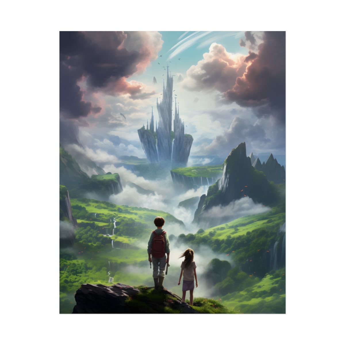 Girl and Boy in a Cloudy Meadow: Serene Outdoor Scene - Poster