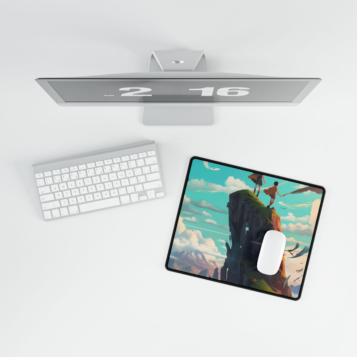 Girl and Boy in Cloudy Meadow: Outdoor Art Scene - Desk Mat