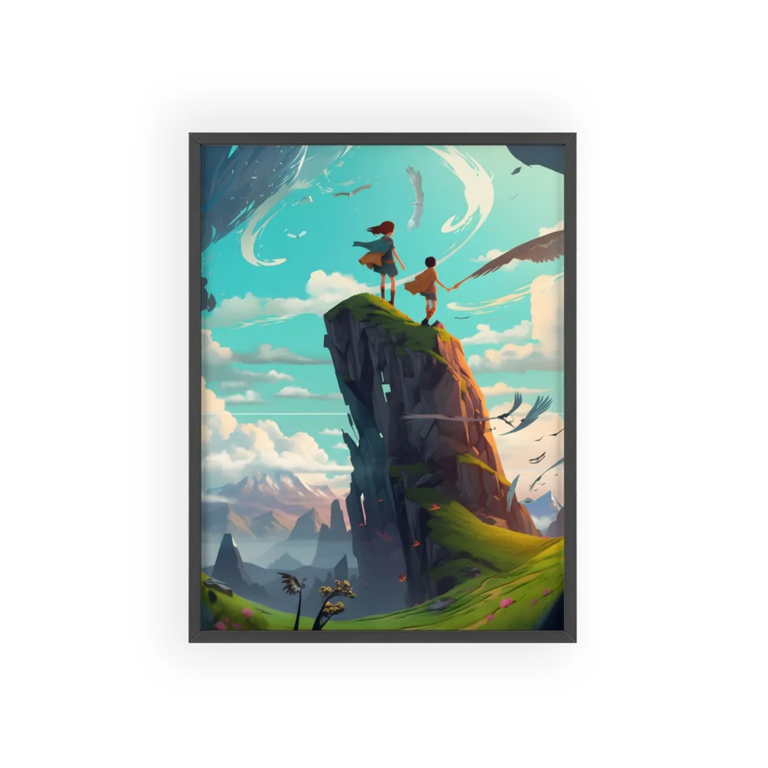 Girl and Boy in Cloudy Meadow: Outdoor Art Scene - Framed Poster