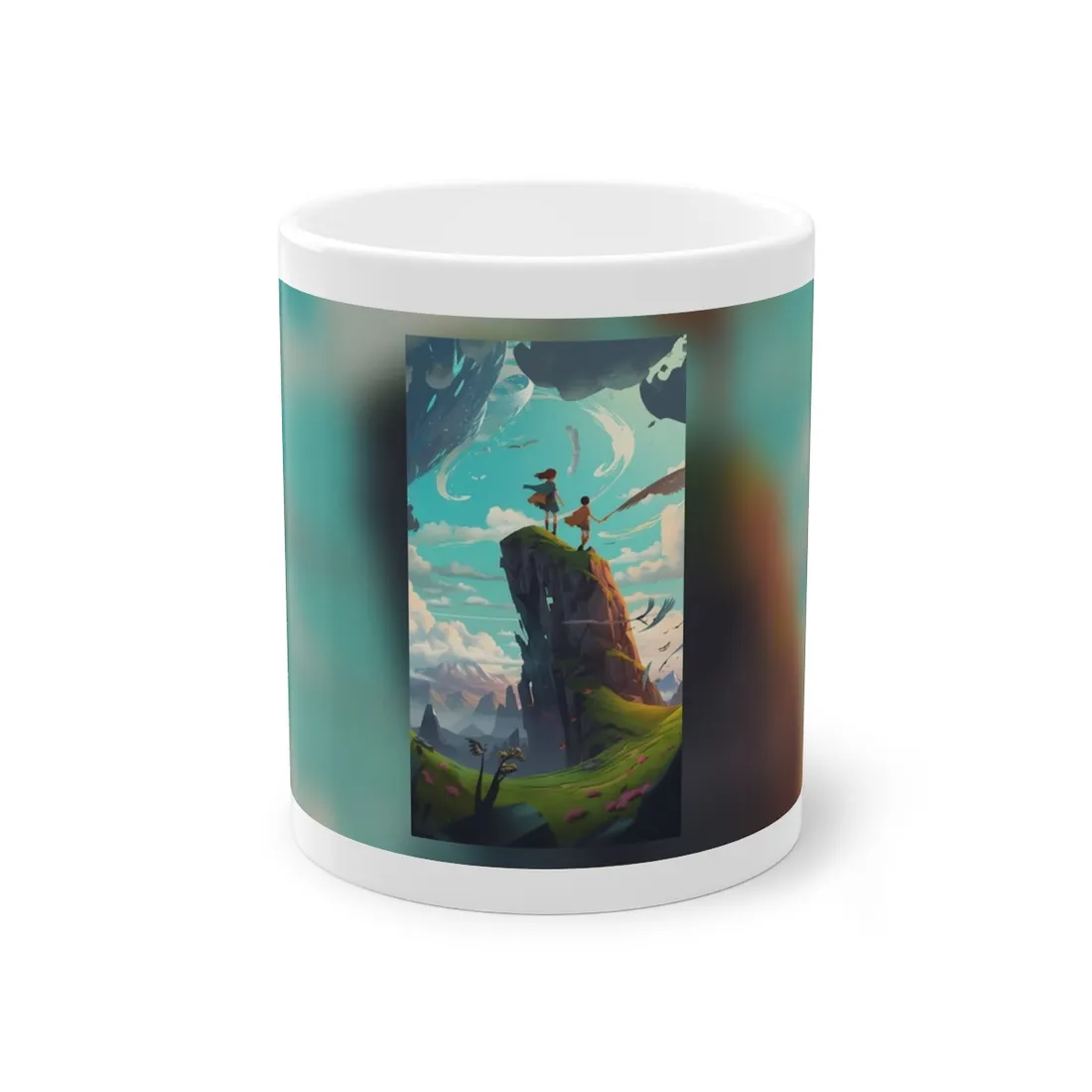 Girl and Boy in Cloudy Meadow: Outdoor Art Scene - Mug