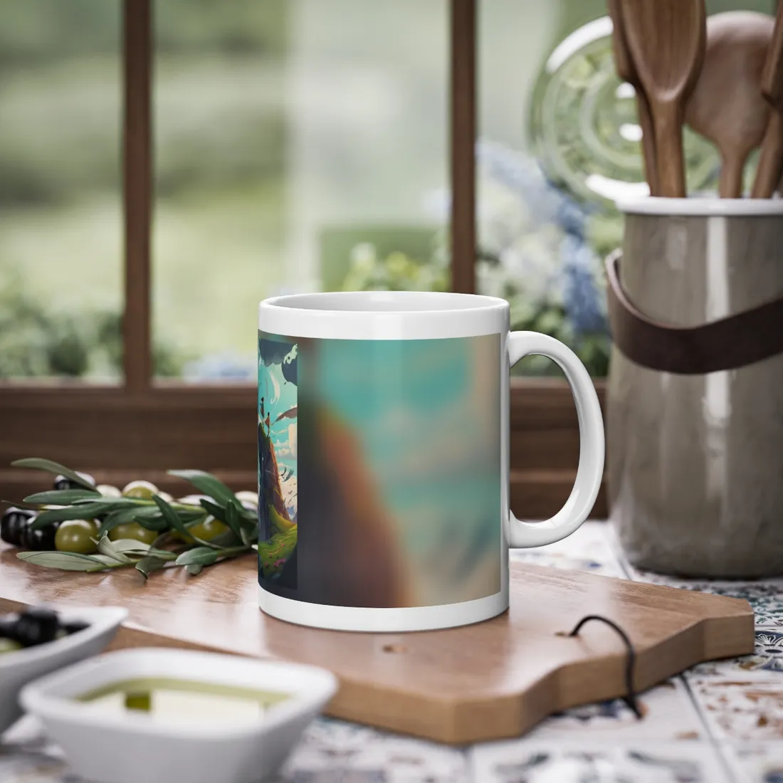 Girl and Boy in Cloudy Meadow: Outdoor Art Scene - Mug