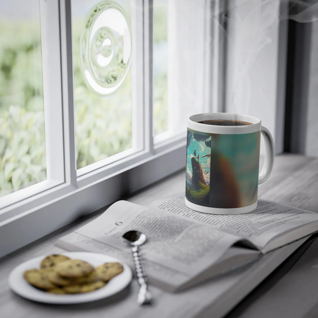 Girl and Boy in Cloudy Meadow: Outdoor Art Scene - Mug