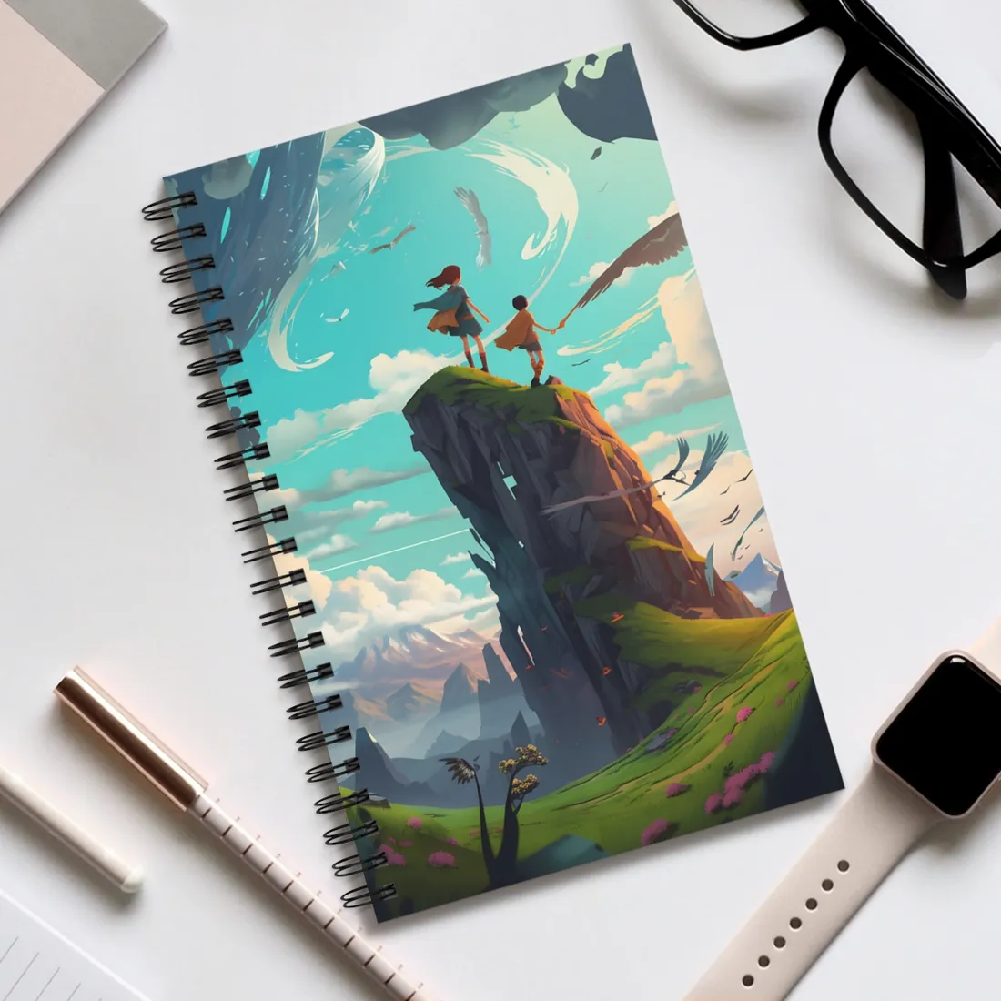 Girl and Boy in Cloudy Meadow: Outdoor Art Scene - Spiral Notebook
