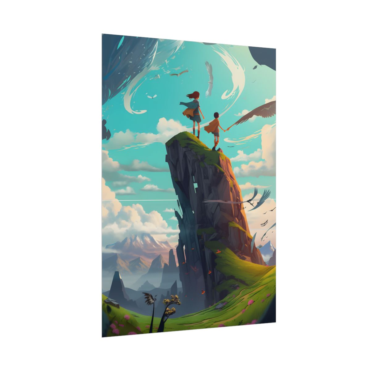 Girl and Boy in Cloudy Meadow: Outdoor Art Scene - Poster
