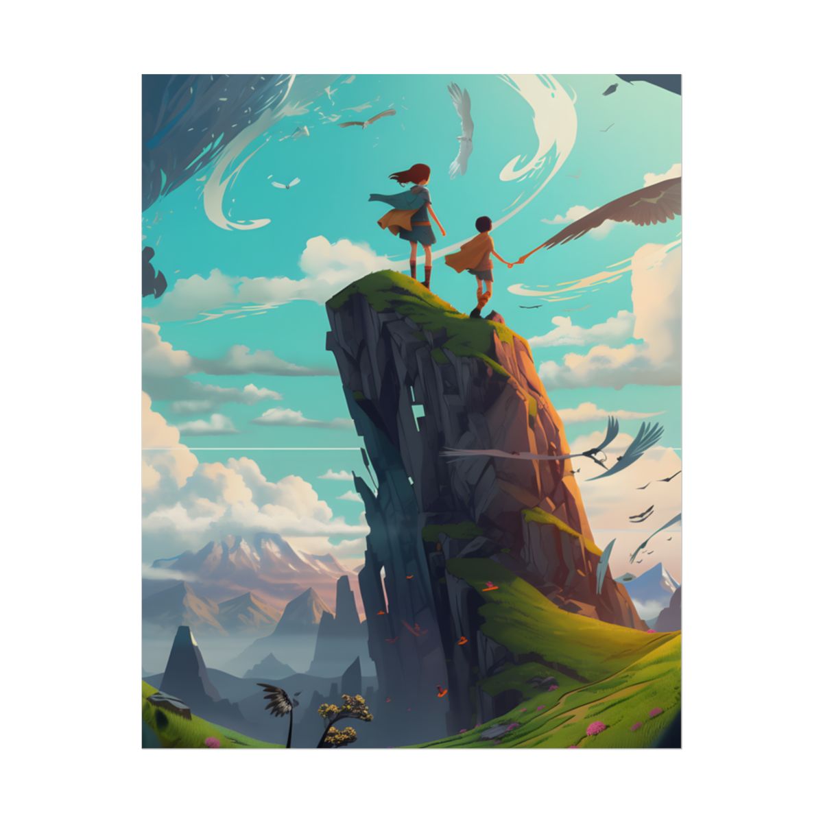 Girl and Boy in Cloudy Meadow: Outdoor Art Scene - Poster