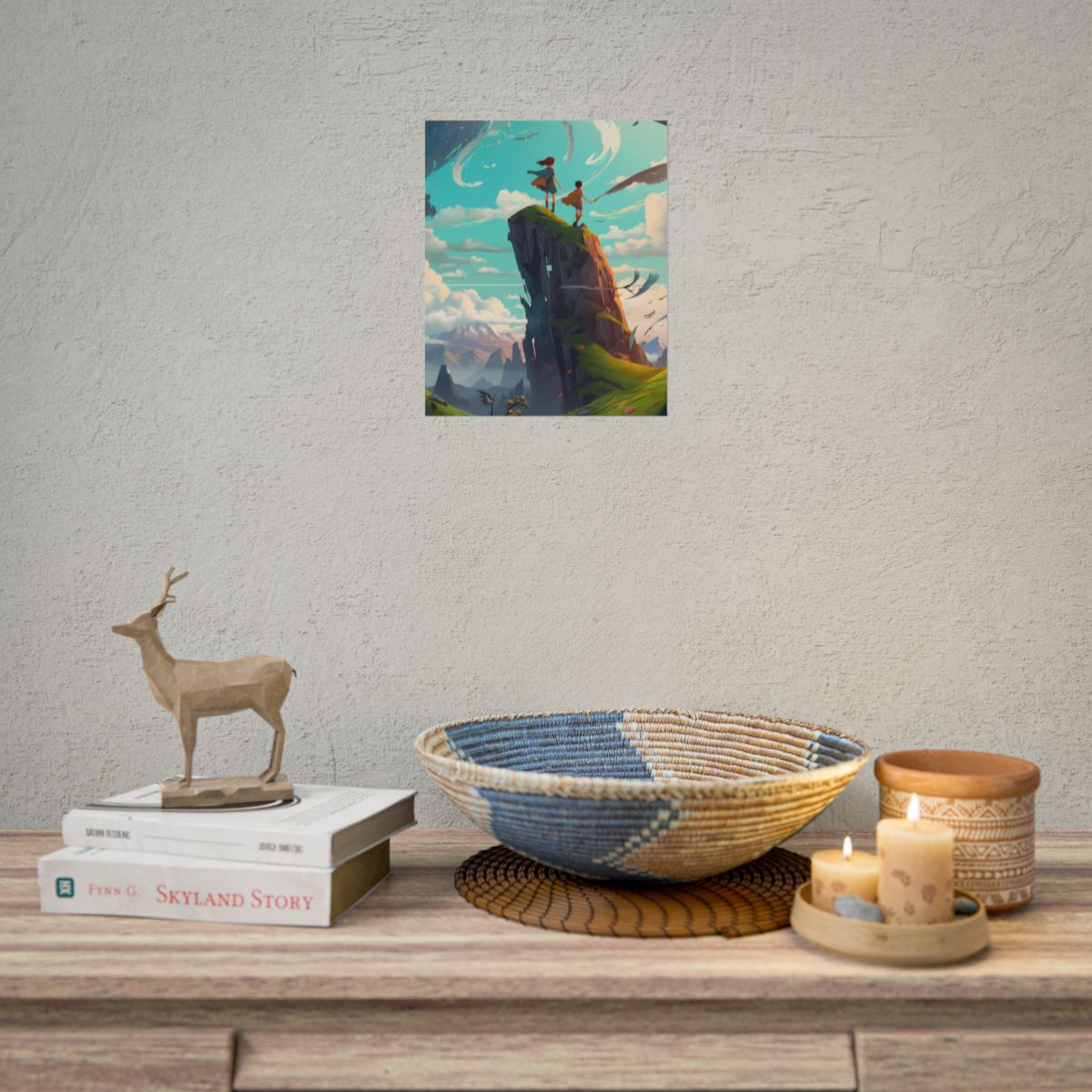 Girl and Boy in Cloudy Meadow: Outdoor Art Scene - Poster