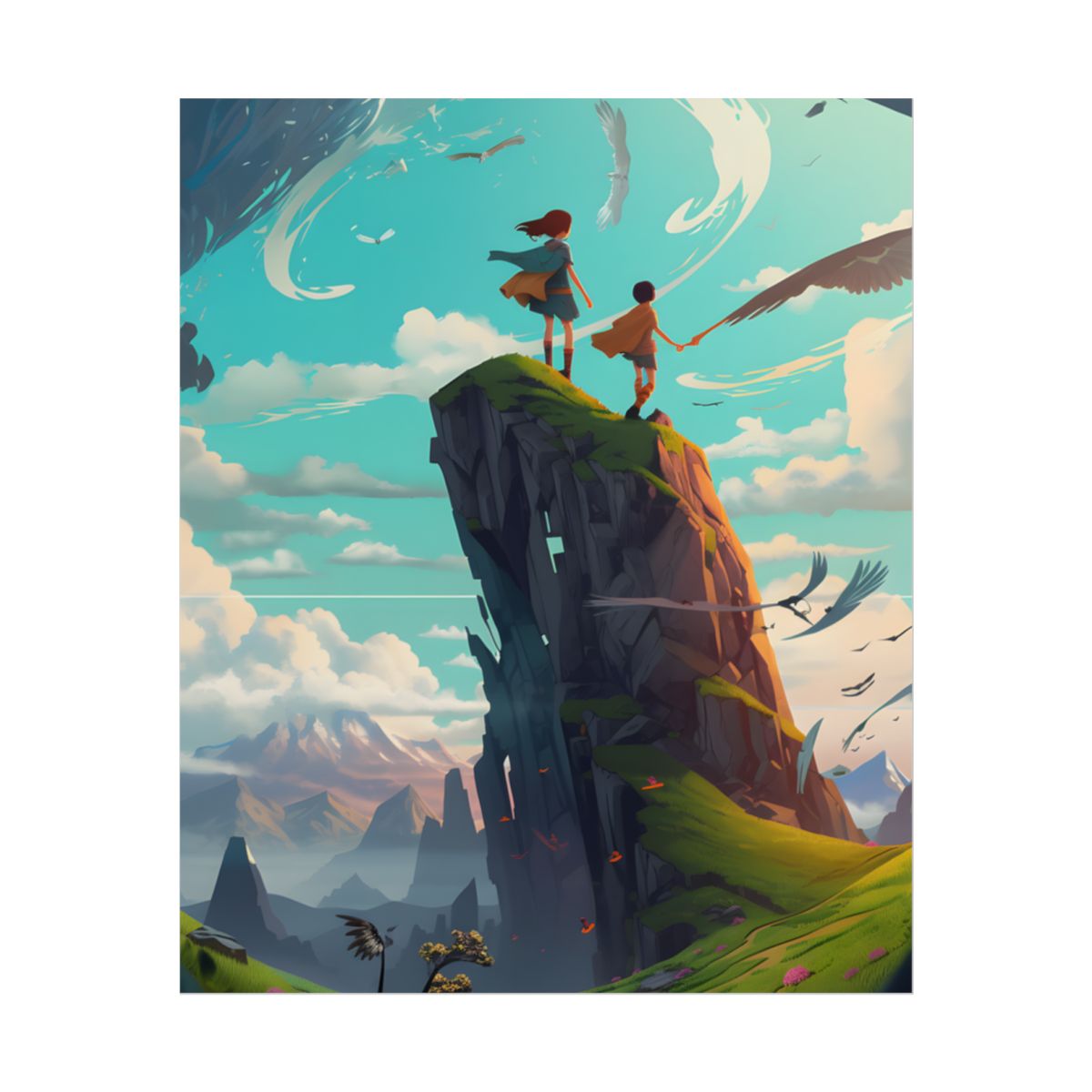 Girl and Boy in Cloudy Meadow: Outdoor Art Scene - Poster