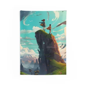 Two Children Holding Hands on Cliff Wall Tapestry