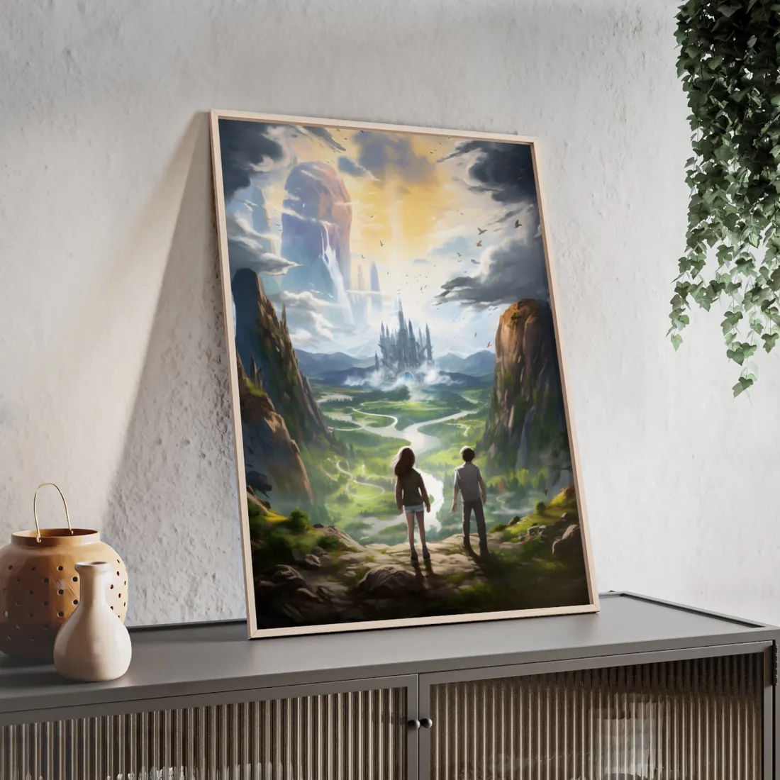 Girl and Boy in Serene Meadow: A Moment on Cloudy Hill - Framed Poster