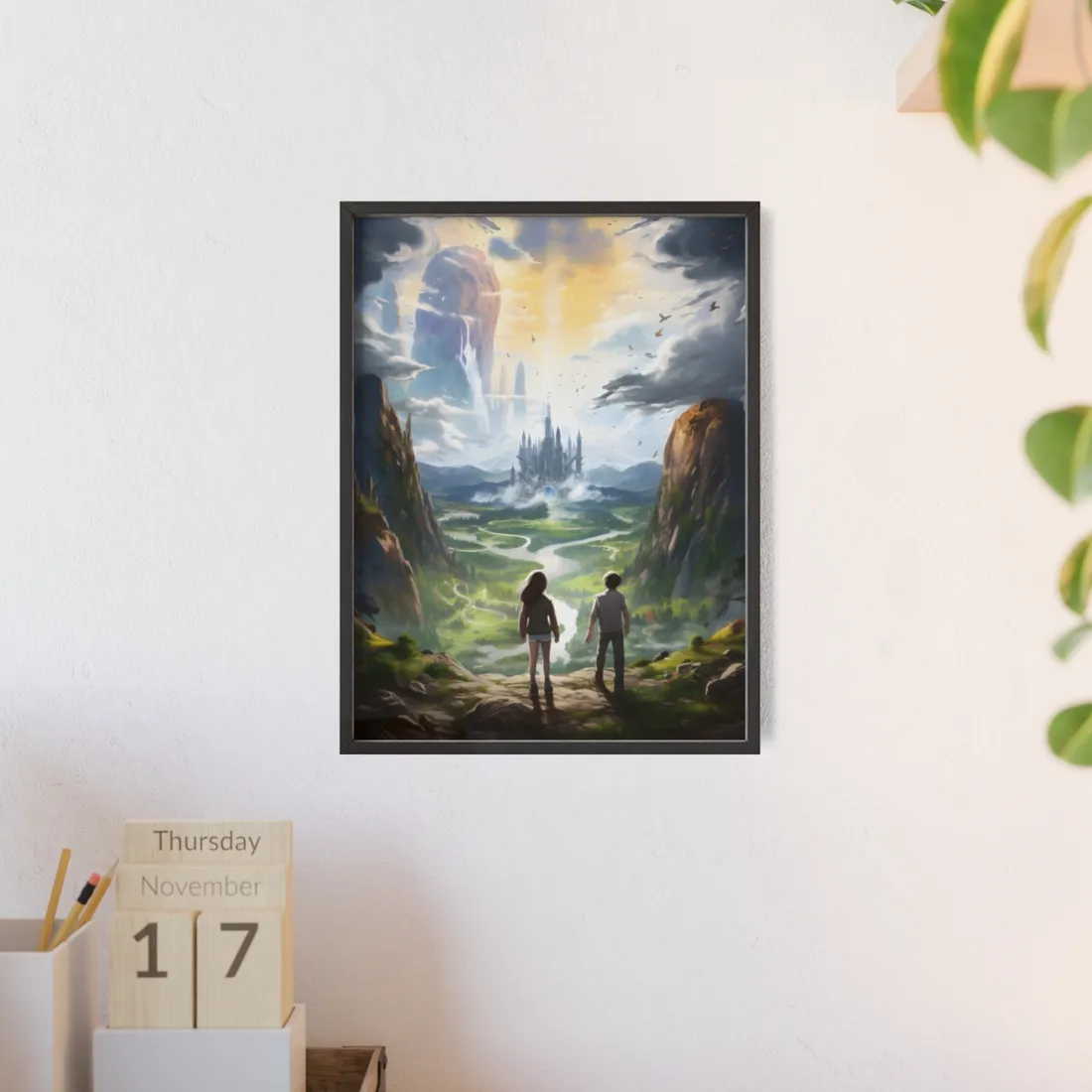 Girl and Boy in Serene Meadow: A Moment on Cloudy Hill - Framed Poster