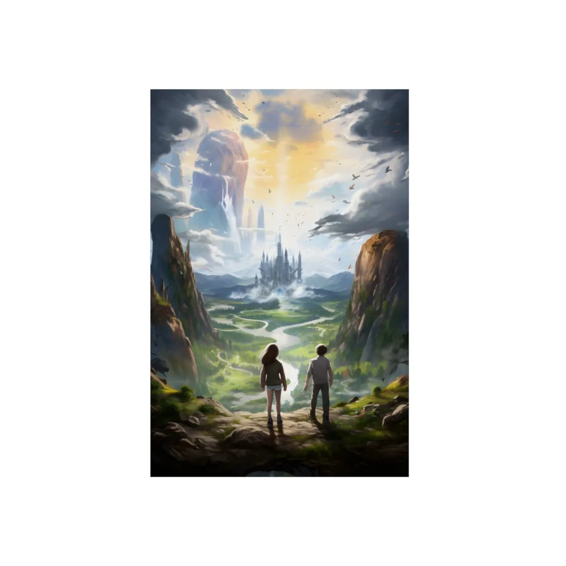 Girl and Boy in Serene Meadow: A Moment on Cloudy Hill - Metal Poster
