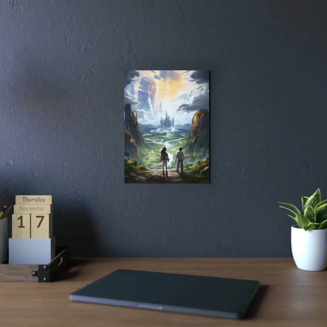 Girl and Boy in Serene Meadow: A Moment on Cloudy Hill - Metal Poster