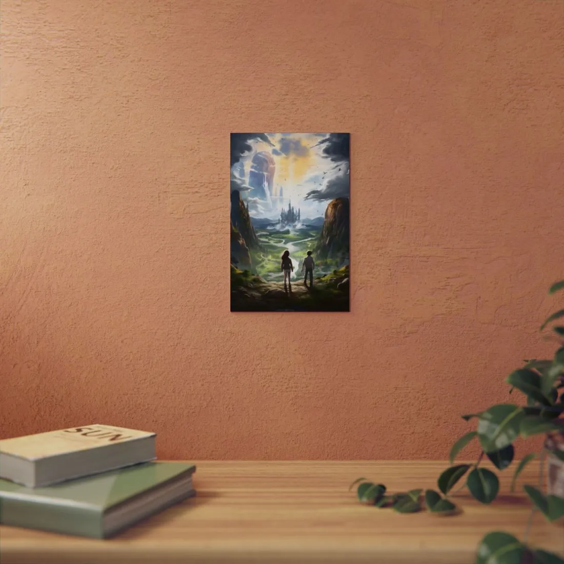 Girl and Boy in Serene Meadow: A Moment on Cloudy Hill - Metal Poster