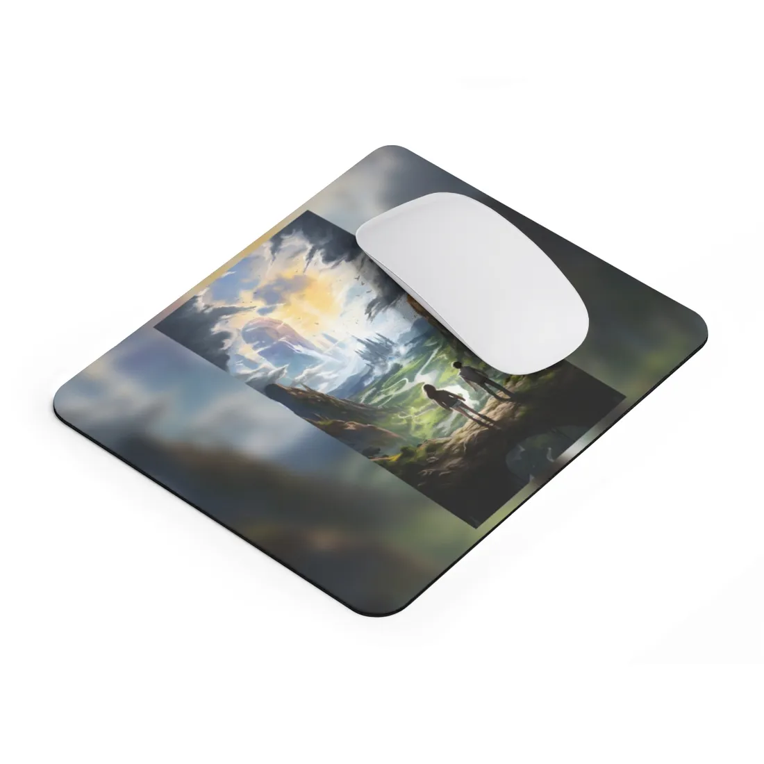 Girl and Boy in Serene Meadow: A Moment on Cloudy Hill - Mouse Pad