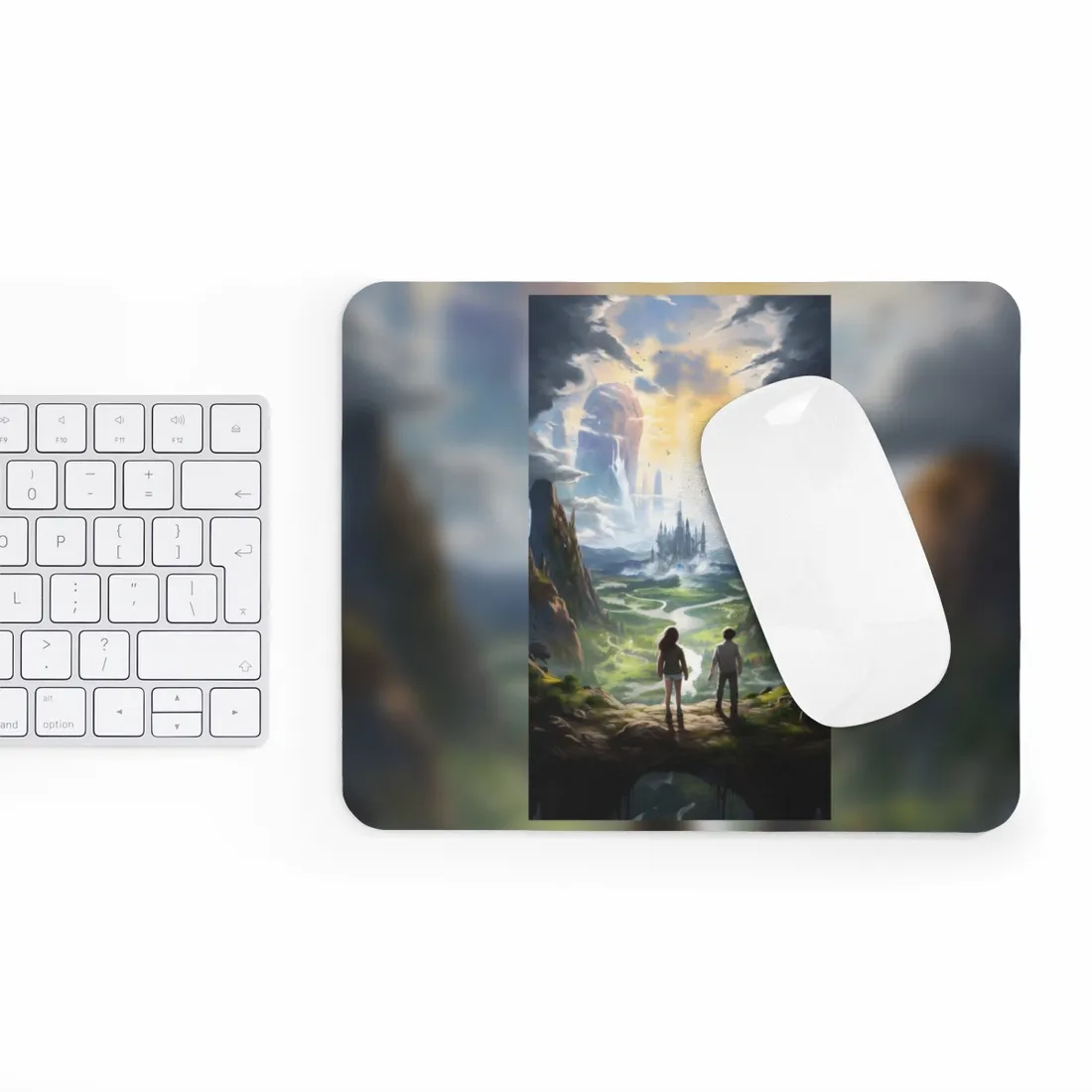Girl and Boy in Serene Meadow: A Moment on Cloudy Hill - Mouse Pad