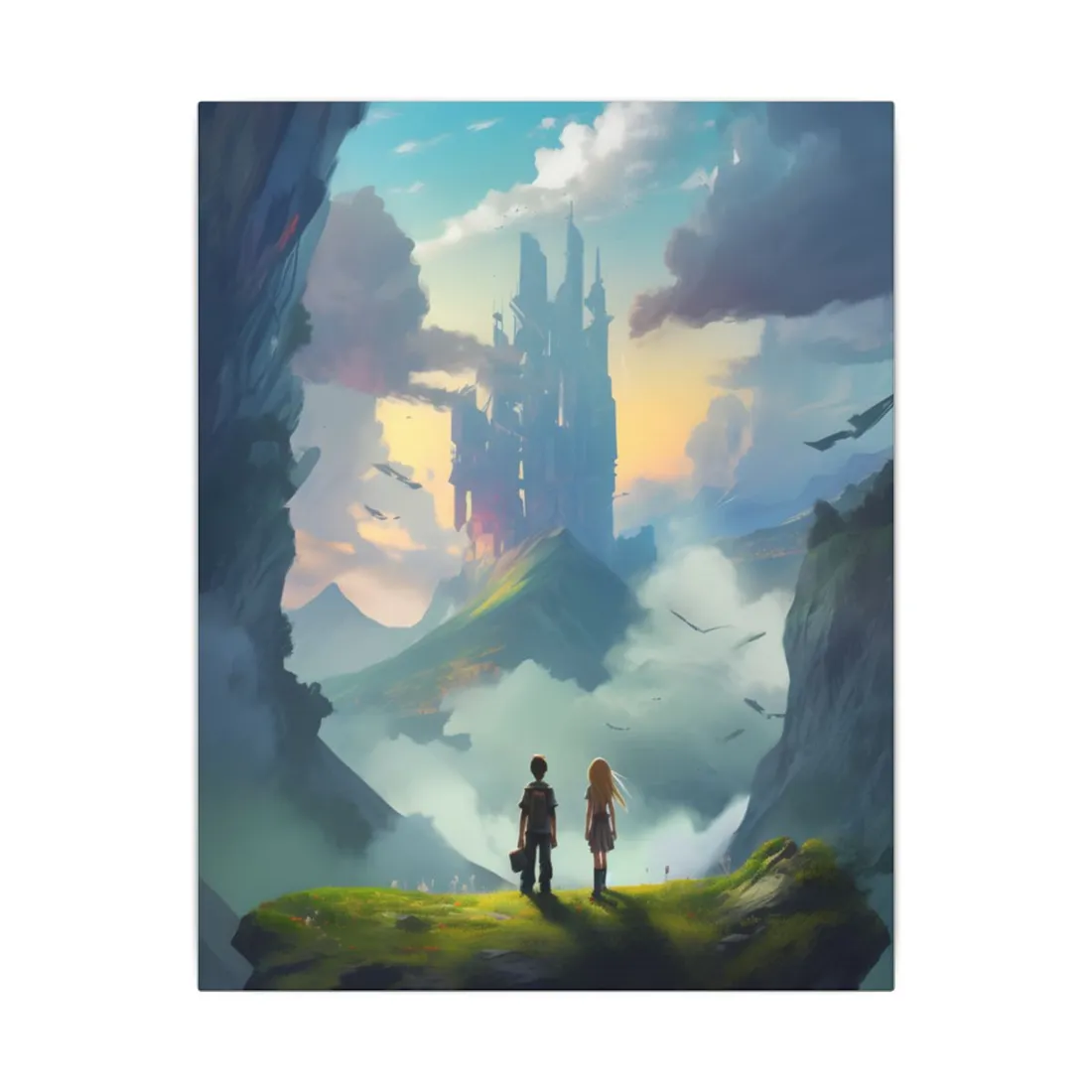 Girl and Boy on Cloudy Meadow: Candid Moment - Canvas